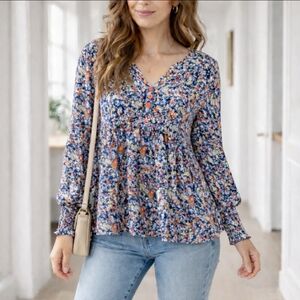 Navy Floral Peplum Blouse Long Sleeve Smocked Cuffs Boho Top Small